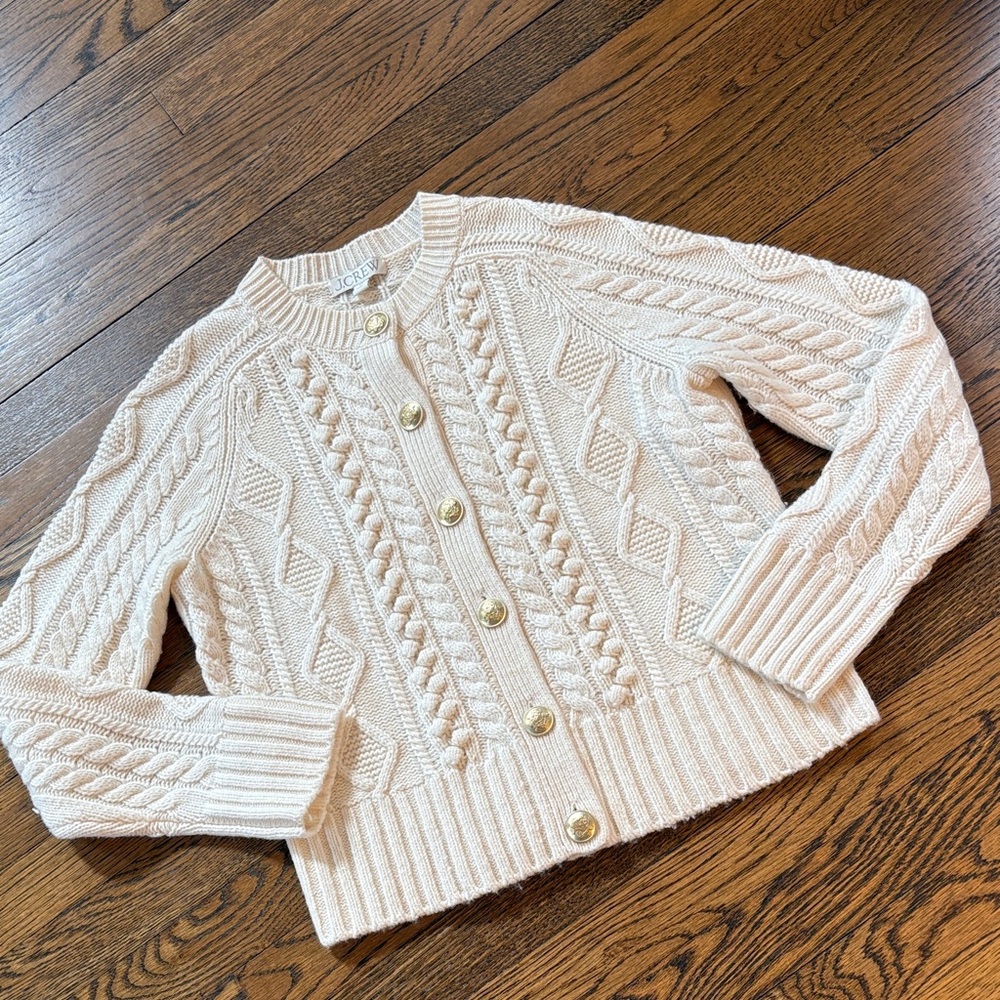 J. Crew Cream Cable-Knit Button-Up Sweater, wool blend, xS, Gold buttons